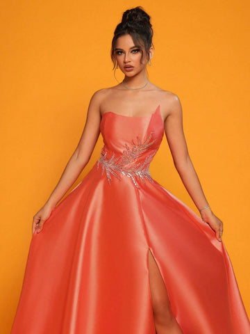 Strapless Orange Satin High-Waisted Evening Party Dress