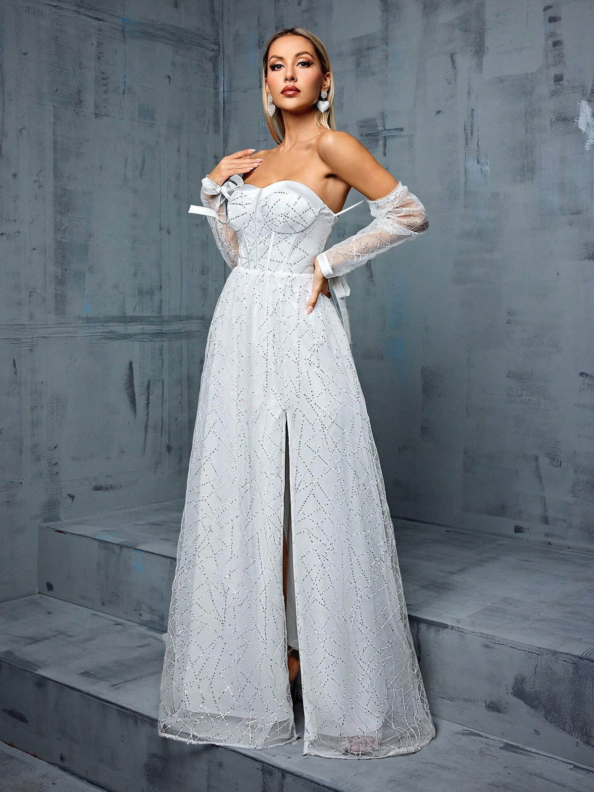 Strapless Satin & Sequin Splice Mid-sleeve High Slit A-line Bridal Gown