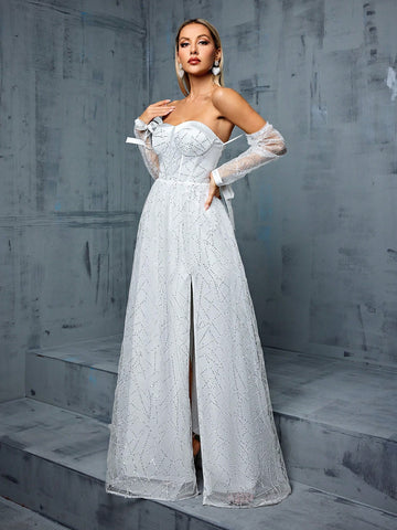 Strapless Satin & Sequin Splice Mid-sleeve High Slit A-line Bridal Gown