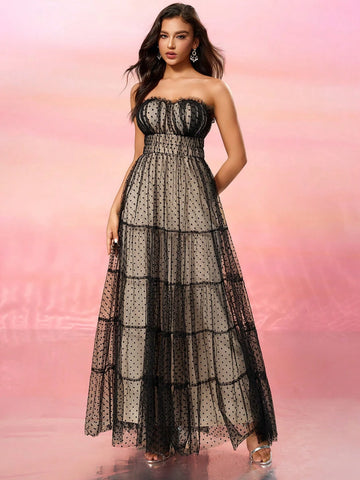 Strapless Waist-Cinched Flocked Polka Dot Tulle Evening Dress