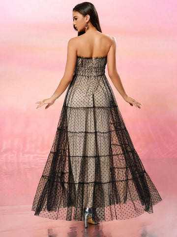 Strapless Waist-Cinched Flocked Polka Dot Tulle Evening Dress