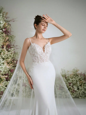 Straps Mermaid Wedding Dress, High-End Water-Soluble Lace & Chiffon Bridal Gown, Elegant & Luxurious, Suitable For Garden, Beach, Castle, Hotel Wedding
