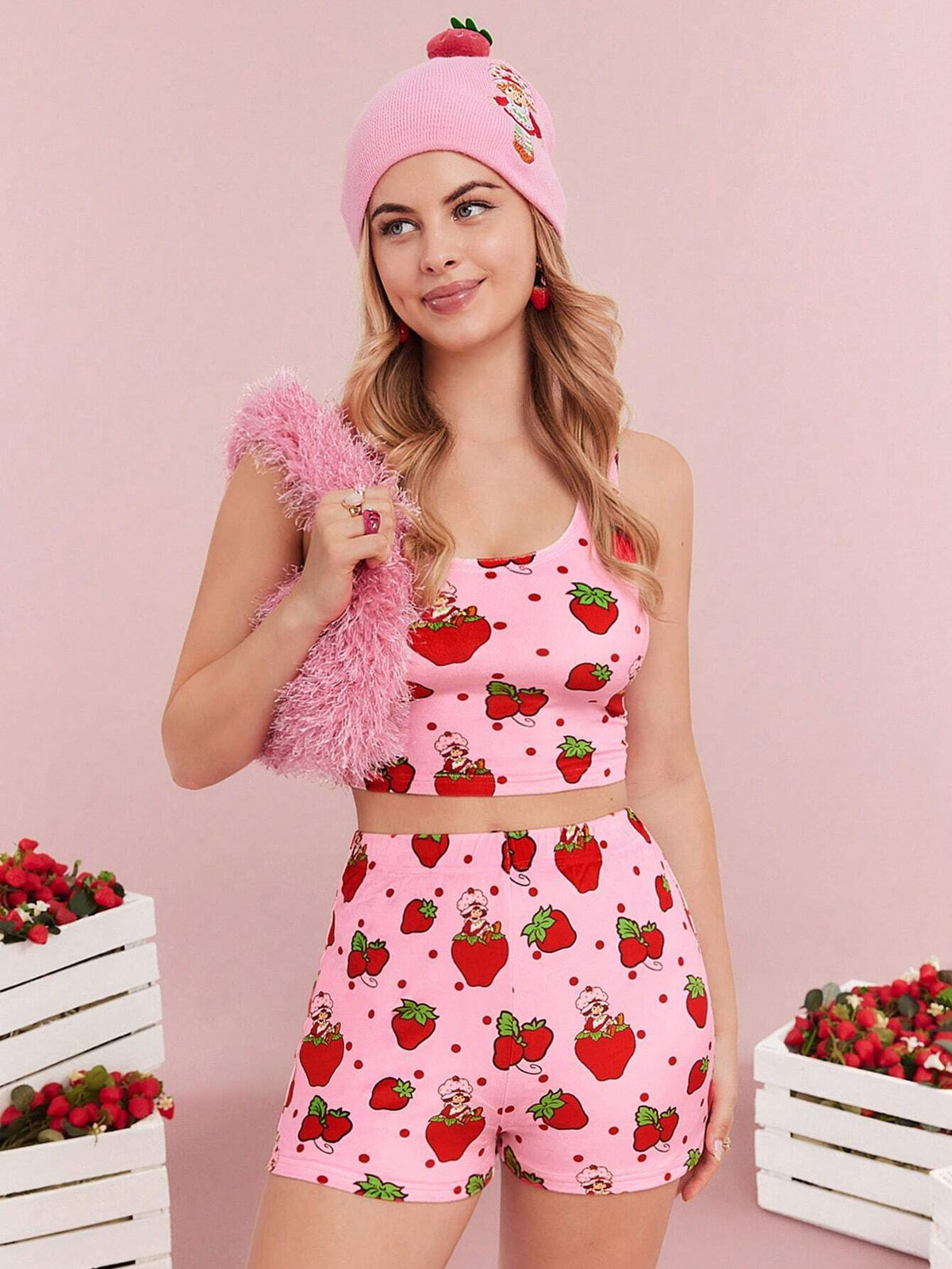 Summer Pink Stretch Sweet And Cute Style Strawberry Pattern Tight Tank Top & Shorts Set