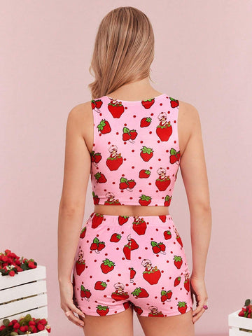 Summer Pink Stretch Sweet And Cute Style Strawberry Pattern Tight Tank Top & Shorts Set