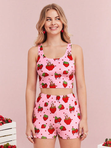 Summer Pink Stretch Sweet And Cute Style Strawberry Pattern Tight Tank Top & Shorts Set