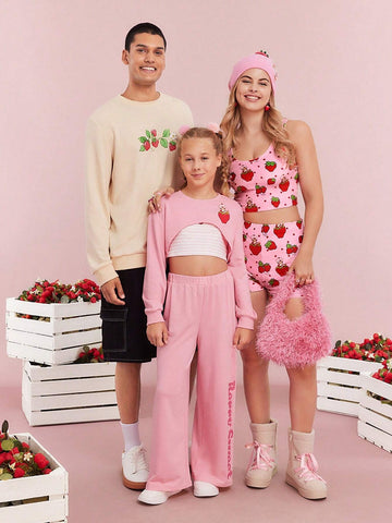 Summer Pink Stretch Sweet And Cute Style Strawberry Pattern Tight Tank Top & Shorts Set