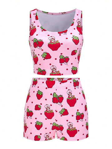 Summer Pink Stretch Sweet And Cute Style Strawberry Pattern Tight Tank Top & Shorts Set