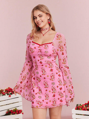 Women's Cartoon Figure Graphic Sweetheart Neck Ruched Bust Bell Sleeve Short