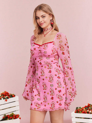 Women's Cartoon Figure Graphic Sweetheart Neck Ruched Bust Bell Sleeve Short