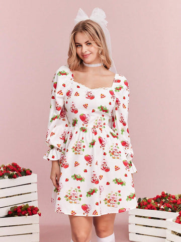 Women's Cute Cartoon Character And Strawberry Print Sweetheart Neck Ruffle Sleeve Lace Trim Short Dress,Fall/Spring