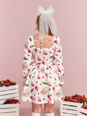 Women's Cute Cartoon Character And Strawberry Print Sweetheart Neck Ruffle Sleeve Lace Trim Short Dress,Fall/Spring