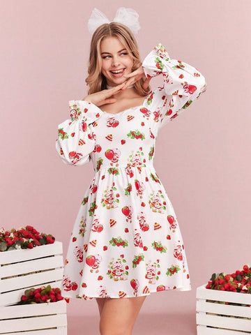 Women's Cute Cartoon Character And Strawberry Print Sweetheart Neck Ruffle Sleeve Lace Trim Short Dress,Fall/Spring