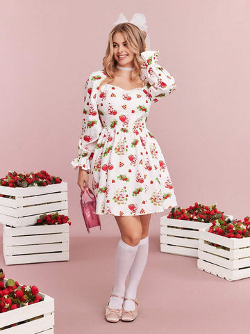 Women's Cute Cartoon Character And Strawberry Print Sweetheart Neck Ruffle Sleeve Lace Trim Short Dress,Fall/Spring
