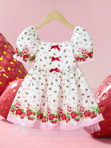 Young Girl Cartoon Strawberry Print Floral Sweet White Short Sleeve Dress