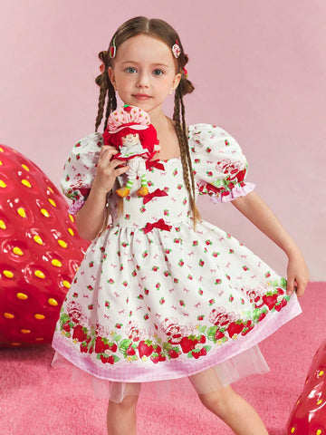 Young Girl Cartoon Strawberry Print Floral Sweet White Short Sleeve Dress