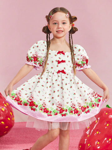 Young Girl Cartoon Strawberry Print Floral Sweet White Short Sleeve Dress