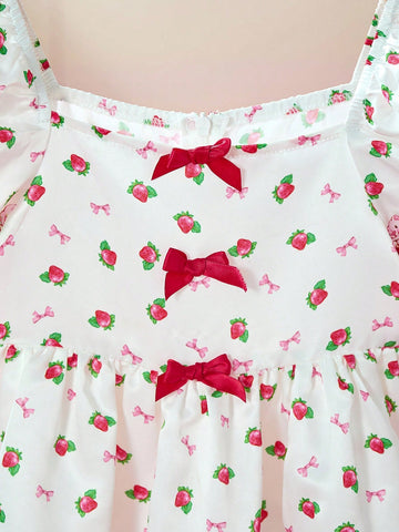 Young Girl Cartoon Strawberry Print Floral Sweet White Short Sleeve Dress