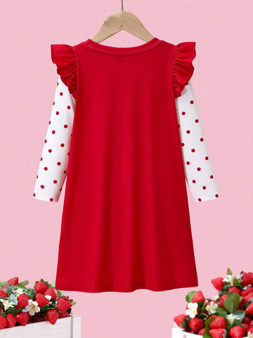 Young Girl Cute Casual Sweet Red Cartoon Character, Rainbow & Cat Print Ruffle Trim Dress