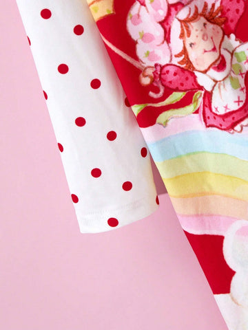Young Girl Cute Casual Sweet Red Cartoon Character, Rainbow & Cat Print Ruffle Trim Dress