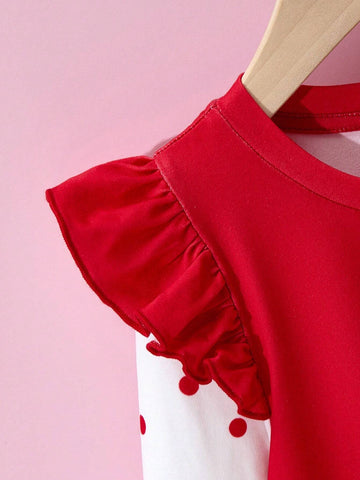 Young Girl Cute Casual Sweet Red Cartoon Character, Rainbow & Cat Print Ruffle Trim Dress
