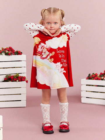 Young Girl Cute Casual Sweet Red Cartoon Character, Rainbow & Cat Print Ruffle Trim Dress