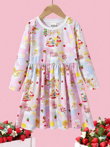 Young Girl Sweet Cartoon Girl Allover Print Long Sleeve Dress