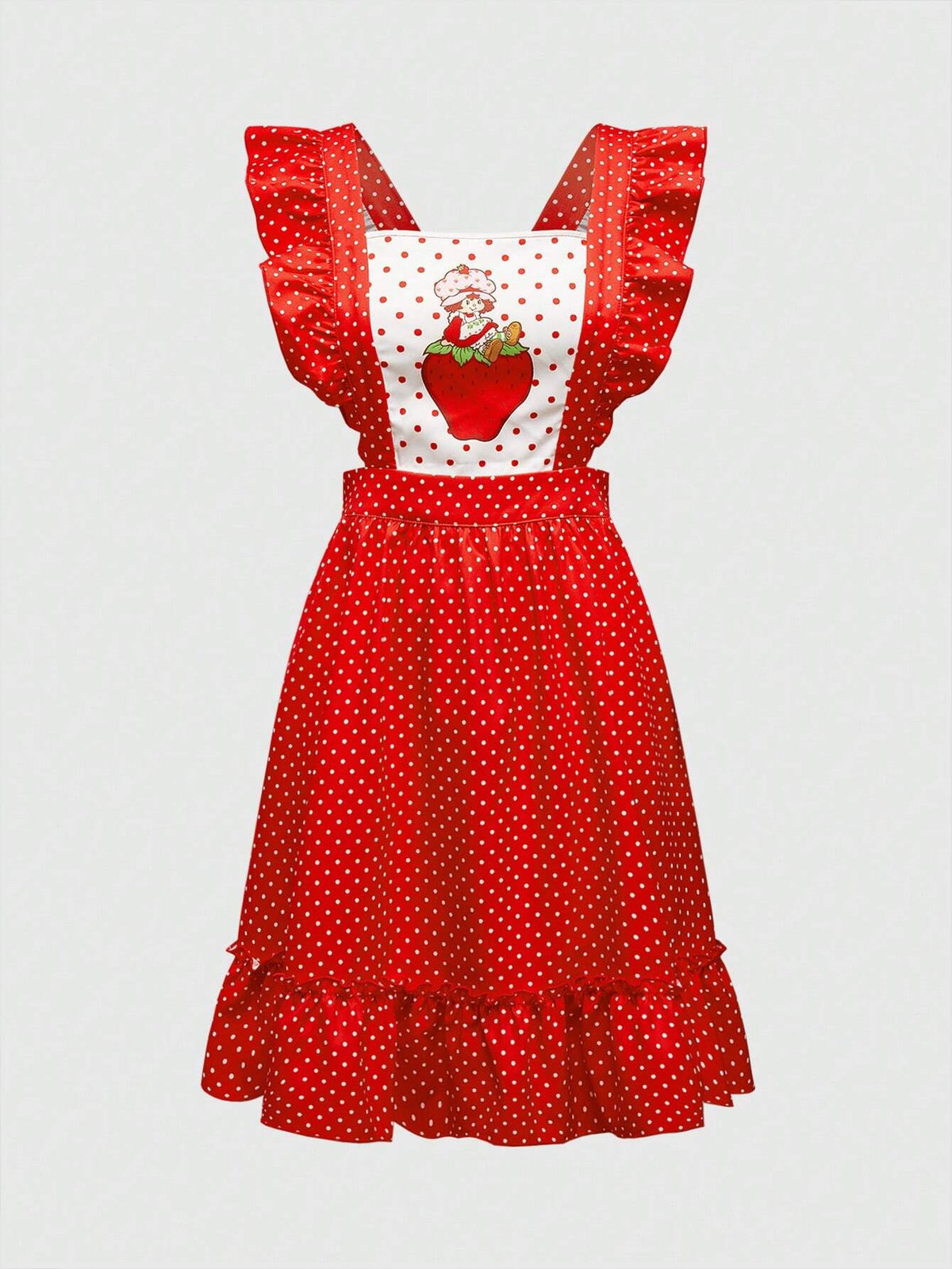 Strawberry Shortcake | ROMWE Women's Cute Pastoral Cartoon Strawberry Polka Dot Print Ruffle Armhole Short Dress, Suitable For Summer