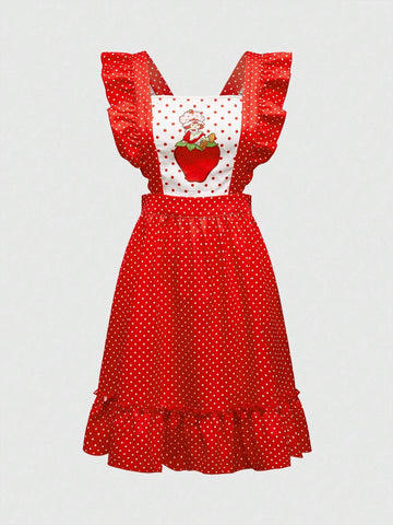Strawberry Shortcake | ROMWE Women's Cute Pastoral Cartoon Strawberry Polka Dot Print Ruffle Armhole Short Dress, Suitable For Summer