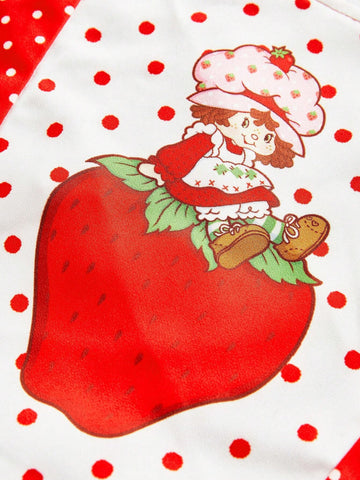 Strawberry Shortcake | ROMWE Women's Cute Pastoral Cartoon Strawberry Polka Dot Print Ruffle Armhole Short Dress, Suitable For Summer