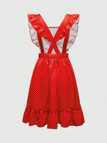 Strawberry Shortcake | ROMWE Women's Cute Pastoral Cartoon Strawberry Polka Dot Print Ruffle Armhole Short Dress, Suitable For Summer