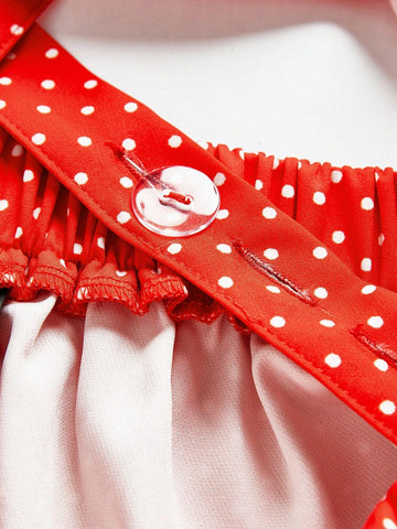 Strawberry Shortcake | ROMWE Women's Cute Pastoral Cartoon Strawberry Polka Dot Print Ruffle Armhole Short Dress, Suitable For Summer