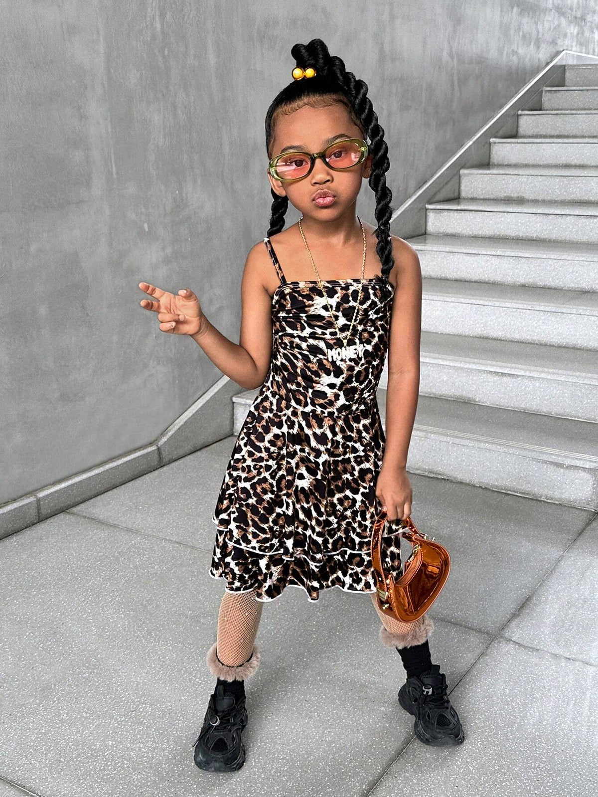 Streecool Kids 1pc Young Girls Leopard Print Ruched Waist Dress