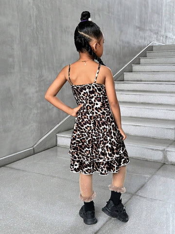 Streecool Kids 1pc Young Girls Leopard Print Ruched Waist Dress
