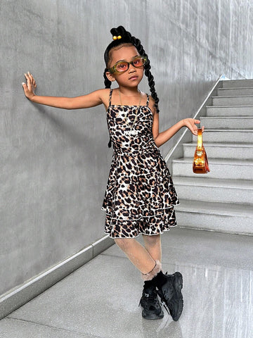 Streecool Kids 1pc Young Girls Leopard Print Ruched Waist Dress