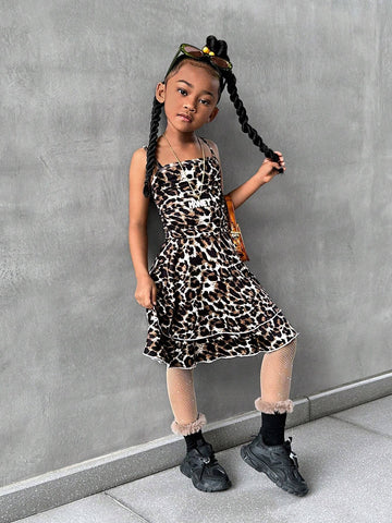 Streecool Kids 1pc Young Girls Leopard Print Ruched Waist Dress