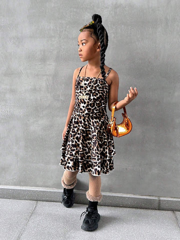 Streecool Kids 1pc Young Girls Leopard Print Ruched Waist Dress