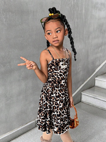 Streecool Kids 1pc Young Girls Leopard Print Ruched Waist Dress
