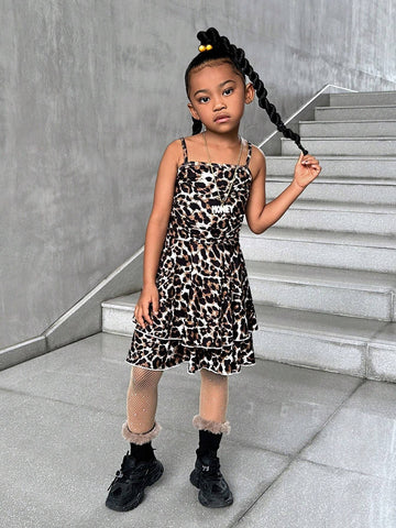 Streecool Kids 1pc Young Girls Leopard Print Ruched Waist Dress