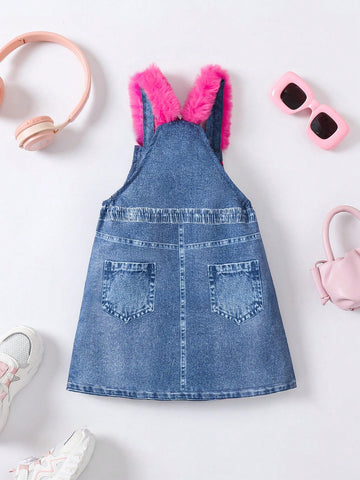 Streecool Kids Cute Y2K Inspired Young Girls Portrait Print Bow Decor Denim Effect Suspender Dress For Young Girls