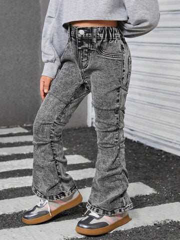 Streecool Kids Girls Black Stretchy Skinny Denim Pants With Side Pleat Casual Wash Effect