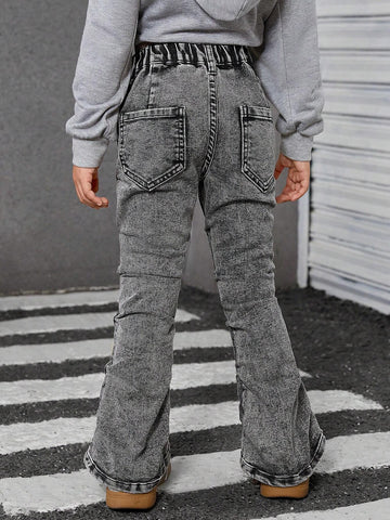 Streecool Kids Girls Black Stretchy Skinny Denim Pants With Side Pleat Casual Wash Effect