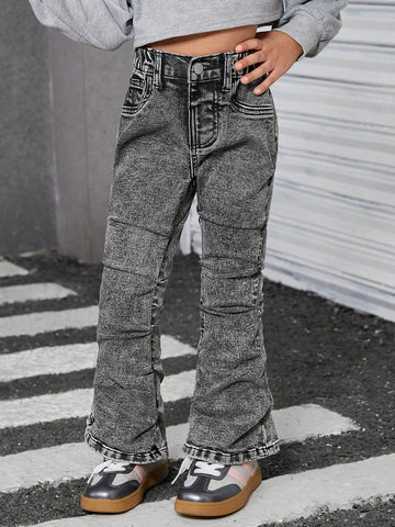 Streecool Kids Girls Black Stretchy Skinny Denim Pants With Side Pleat Casual Wash Effect