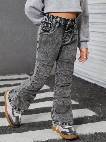 Streecool Kids Girls Black Stretchy Skinny Denim Pants With Side Pleat Casual Wash Effect