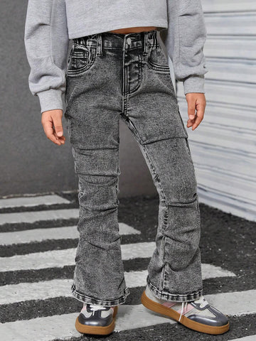 Streecool Kids Girls Black Stretchy Skinny Denim Pants With Side Pleat Casual Wash Effect