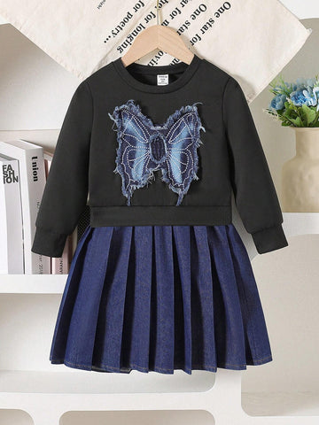 Streecool Kids Girls Casual Butterfly Applique Round Neck Long Sleeve Top Splicing Pleated Hem Dress, Autumn