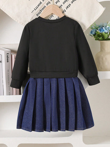 Streecool Kids Girls Casual Butterfly Applique Round Neck Long Sleeve Top Splicing Pleated Hem Dress, Autumn