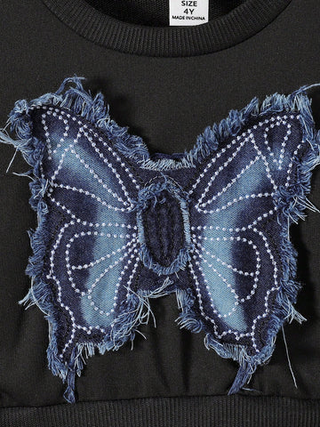 Streecool Kids Girls Casual Butterfly Applique Round Neck Long Sleeve Top Splicing Pleated Hem Dress, Autumn