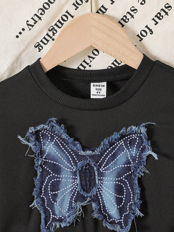 Streecool Kids Girls Casual Butterfly Applique Round Neck Long Sleeve Top Splicing Pleated Hem Dress, Autumn