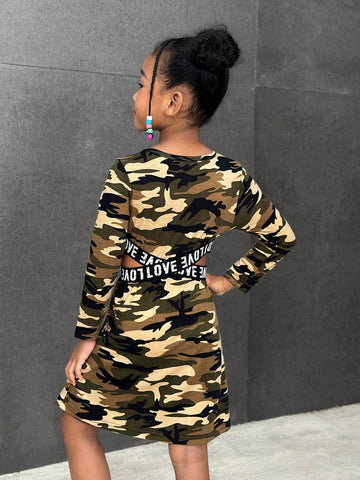 Streecool Kids Girls Casual Versatile Sport Classic Camouflage Round Neck Long Sleeve Waist Cross Letter Ribbon Cropped Dress