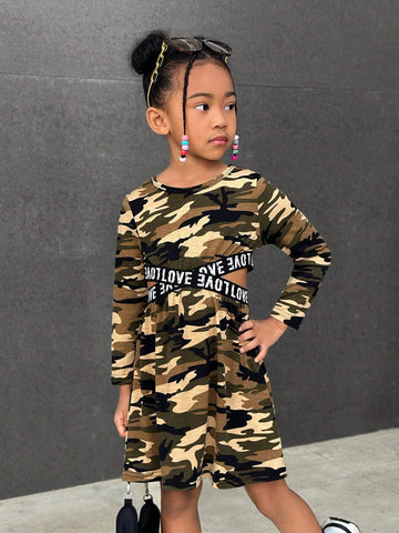 Streecool Kids Girls Casual Versatile Sport Classic Camouflage Round Neck Long Sleeve Waist Cross Letter Ribbon Cropped Dress